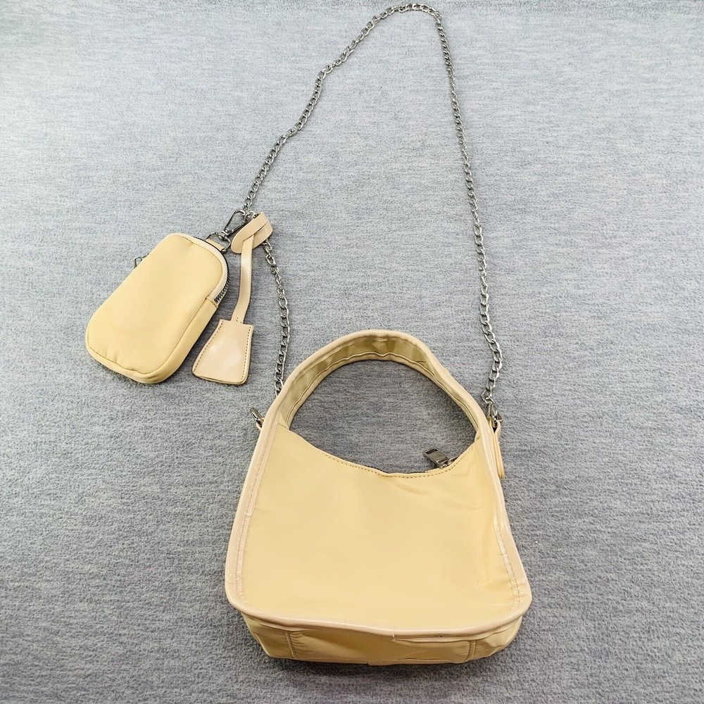 Women's Cream Mini Shoulder Bag with Silver Chain Strap